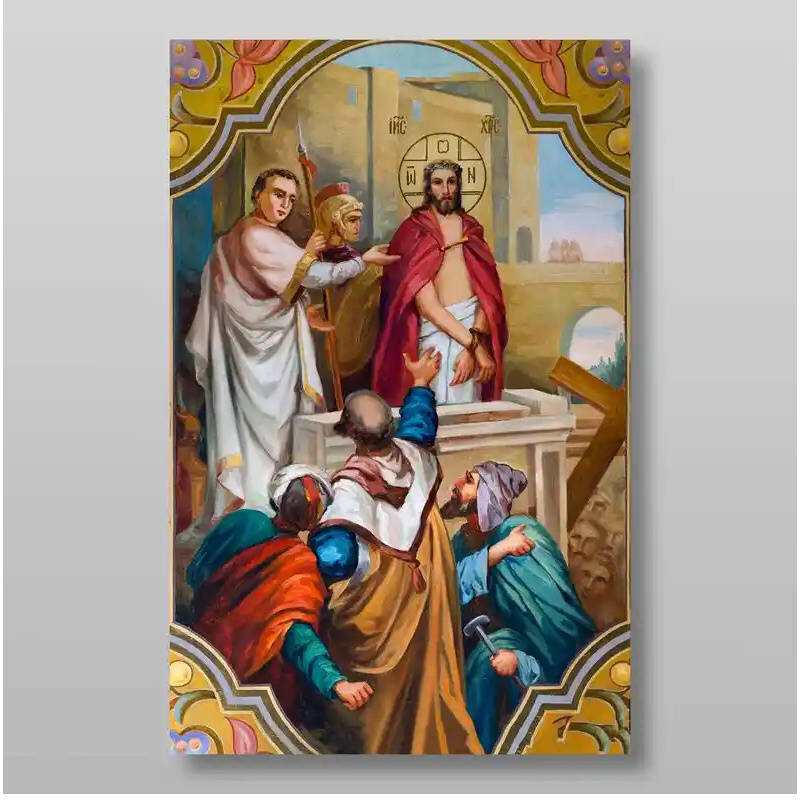 Εικόνα Ορθοδοξίας με περίγραμμα χρυσό σε ξύλο Φλαμουρίας  με  βάση Ιδού, ο άνθρωπος κατεβάζει το για την  ορθόδοξων πινάκων.Χειροποίητη Ελληνορθόδοξη , Κρεμαστή πλάκα βυζαντινής τέχνης, χριστιανική τέχνη Διάσταση 15x11 cm (5,9 x 4,3 ίντσες) INTRAEK-2724