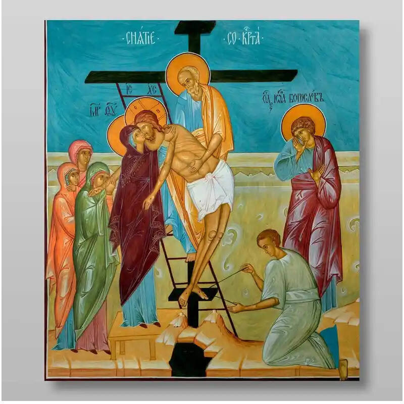 Εικόνα Ορθοδοξίας με περίγραμμα χρυσό σε ξύλο Φλαμουρίας  με  βάση Κάθοδος από τον Σταυρό Χειροποίητη Ελληνορθόδοξη , Κρεμαστή πλάκα βυζαντινής τέχνης, χριστιανική τέχνη Διάσταση 15x11 cm (5,9 x 4,3 ίντσες) INTRAEK-2721