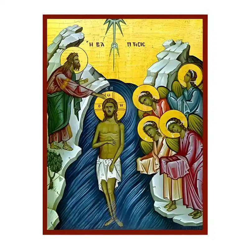 Εικόνα Ορθοδοξίας με περίγραμμα χρυσό σε ξύλο Φλαμουρίας  με  βάση Εικόνα Βάπτιση του Χριστού Χειροποίητη Ελληνορθόδοξη , Κρεμαστή πλάκα βυζαντινής τέχνης, χριστιανική τέχνη Διάσταση 10x7 cm (3,9 x 2,8 ίντσες) INTRAEK-671018