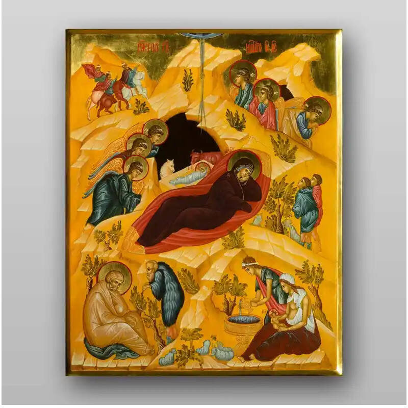 Εικόνα Ορθοδοξίας με περίγραμμα χρυσό σε ξύλο Φλαμουρίας  με  βάση Εικόνα της Γέννησης του Χριστού - Χειροποίητη Ελληνορθόδοξη , Κρεμαστή πλάκα βυζαντινής τέχνης, χριστιανική τέχνη Διάσταση 15x11 cm (5,9 x 4,3 ίντσες) INTRAEK-21170