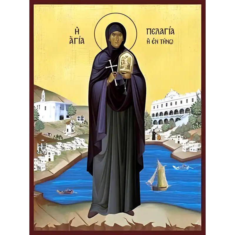 Εικόνα Ορθοδοξίας με περίγραμμα χρυσό σε ξύλο Φλαμουρίας  με  βάση Εικόνα ΑΓΙΑ ΠΕΛΑΓΙΑ Η ΤΗΝΙΑ, ΟΛΟΣΩΜΗ Χειροποίητη Ελληνορθόδοξη εικόνα του Ιησού Χριστού, Κρεμαστή πλάκα βυζαντινής τέχνης, χριστιανική τέχνη Διάσταση 40x30 cm (10,2x7,9 ίντσες)  INTRAEK-1447757865243