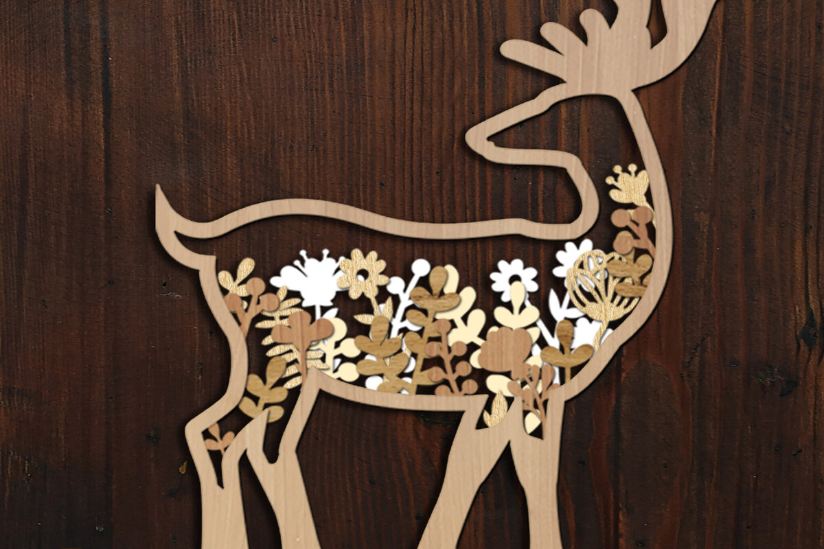 Intra απο ξύλο plywood 3mm-4mm πάχος - Πάνελ τοίχου με λουλουδάτα ελάφια Δίασταση 12x8 cm INTRAFABR-104438247