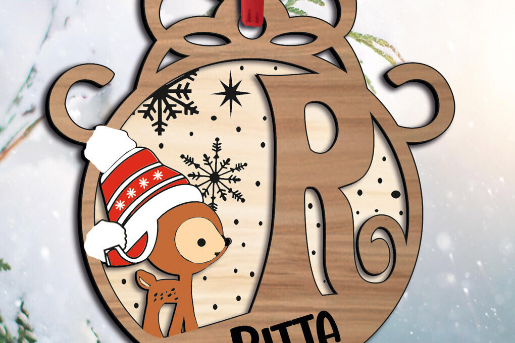 Intra απο ξύλο plywood 3mm-4mm πάχος - Ελάφια γιορτινό γράμμα R Χριστουγεννιάτικο στολίδι Δίασταση 6x6 cm INTRAFABR-109773978