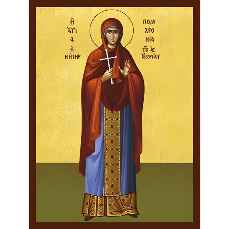 Εικόνα Ορθοδοξίας με περίγραμμα χρυσό σε ξύλο Φλαμουρίας  με  βάση Εικόνα ΑΓΙΑ ΠΟΛΥΧΡΟΝΙΑ, Η ΜΗΤΗΡ ΤΟΥ ΑΓΙΟΥ ΓΕΩΡΓΙΟΥ ΤΟΥ ΤΡΟΠΑΙΟΦΟΡΟΥ, ΟΛΟΣΩΜΗ Χειροποίητη Ελληνορθόδοξη εικόνα του Ιησού Χριστού, Κρεμαστή πλάκα βυζαντινής τέχνης, χριστιανική τέχνη Διάσταση 40x30 cm (10,2x7,9 ίντσες)  INTRAEK-1447757865237