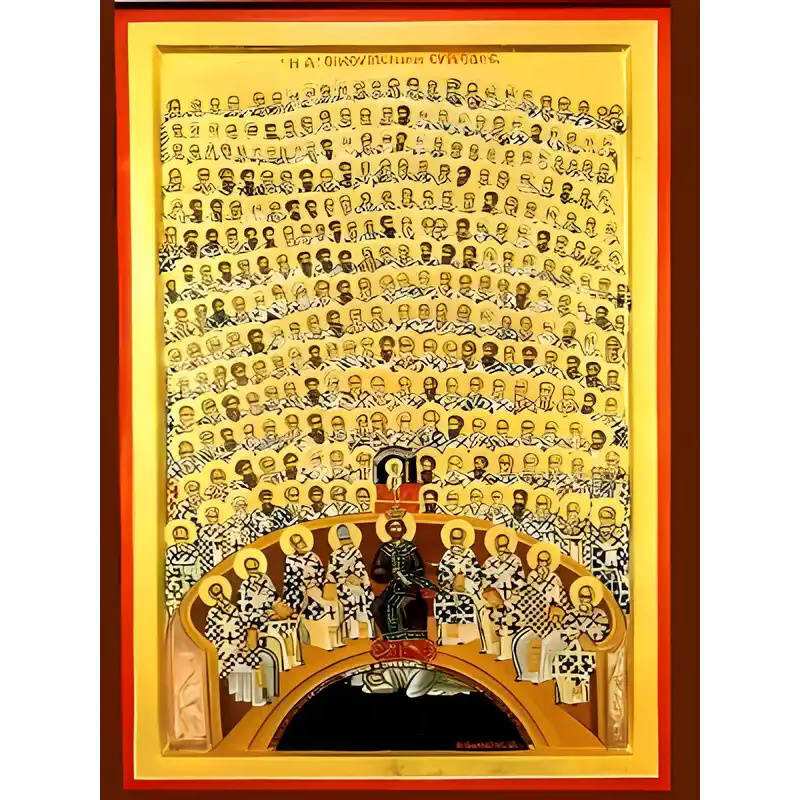 Εικόνα Ορθοδοξίας με περίγραμμα χρυσό σε ξύλο Φλαμουρίας  με  βάση Εικόνα ΑΓΙΑ ΠΡΩΤΗ ΟΙΚΟΥΜΕΝΙΚΗ ΣΥΝΟΔΟΣ, ΕΝ ΝΙΚΑΙΑ ΒΙΘΥΝΙΑΣ Χειροποίητη Ελληνορθόδοξη εικόνα του Ιησού Χριστού, Κρεμαστή πλάκα βυζαντινής τέχνης, χριστιανική τέχνη Διάσταση 40x30 cm (10,2x7,9 ίντσες)  INTRAEK-1447757865235