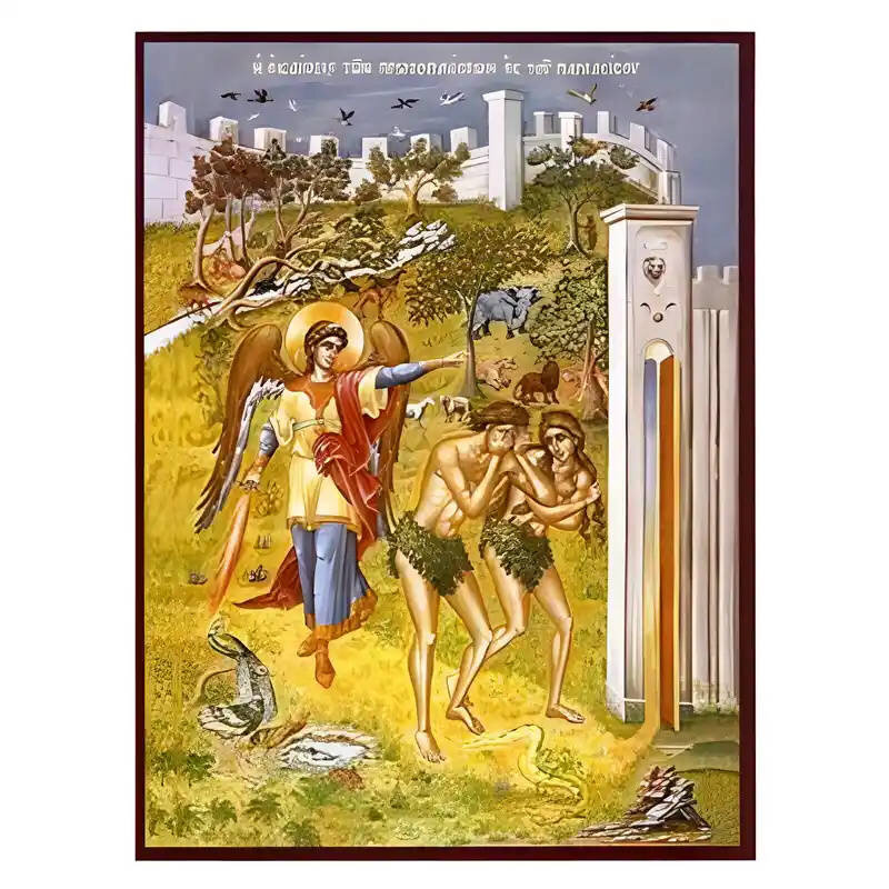 Εικόνα Ορθοδοξίας με περίγραμμα χρυσό σε ξύλο Φλαμουρίας  με  βάση Εικόνα Εξορία των πρωτοπλάστων από τον Παράδεισο Χειροποίητη Ελληνορθόδοξη , Κρεμαστή πλάκα βυζαντινής τέχνης, χριστιανική τέχνη Διάσταση 10x7 cm (3,9 x 2,8 ίντσες) INTRAEK-670996