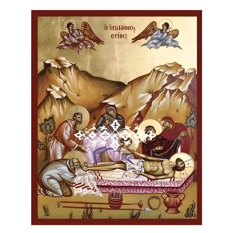 Εικόνα Ορθοδοξίας με περίγραμμα χρυσό σε ξύλο Φλαμουρίας  με  βάση Εικόνα Επιτάφιος Θρήνος Χειροποίητη Ελληνορθόδοξη , Κρεμαστή πλάκα βυζαντινής τέχνης, χριστιανική τέχνη Διάσταση 10x7 cm (3,9 x 2,8 ίντσες) INTRAEK-670995