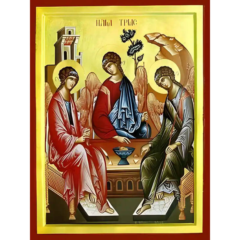 Εικόνα Ορθοδοξίας με περίγραμμα χρυσό σε ξύλο Φλαμουρίας  με  βάση Εικόνα ΑΓΙΑ ΤΡΙΑΣ (ΤΡΕΙΣ ΑΓΓΕΛΟΙ, ΕΚ ΤΗΣ ΦΙΛΟΞΕΝΙΑΣ ΤΟΥ ΑΒΡΑΑΜ) Χειροποίητη Ελληνορθόδοξη εικόνα του Ιησού Χριστού, Κρεμαστή πλάκα βυζαντινής τέχνης, χριστιανική τέχνη Διάσταση 40x30 cm (10,2x7,9 ίντσες)  INTRAEK-1447757865221