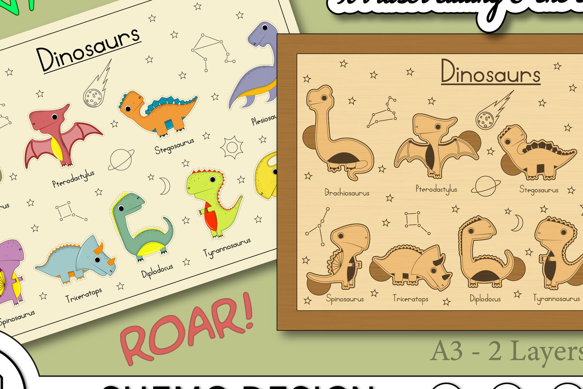 Intra απο ξύλο plywood 3mm-4mm πάχος - Εκπαιδευτικός πίνακας παζλ Δεινοσαύρων Δίασταση 40x50 cm INTRAFABR-66305386
