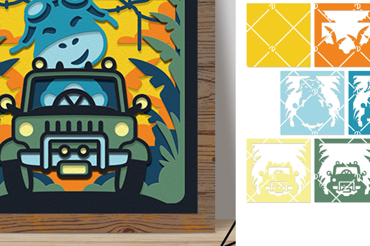 Intra απο ξύλο plywood 3mm-4mm πάχος - Οι δεινόσαυροι οδηγούν ένα αυτοκίνητο 3D Shadow Box Δίασταση 714x714 cm INTRAFABR-77366604