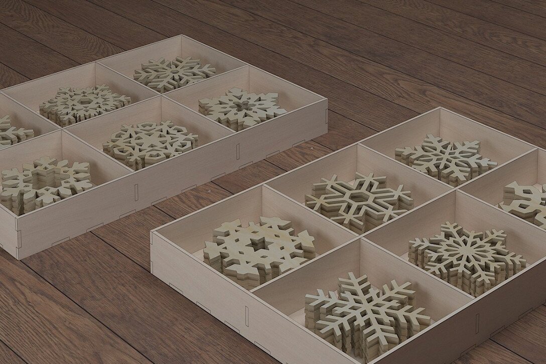 Intra απο ξύλο plywood 3mm-4mm πάχος - Χωρισμένο κουτί δώρου και σουβέρ με νιφάδες χιονιού Δίασταση 30x20 cm INTRAFABR-44666016