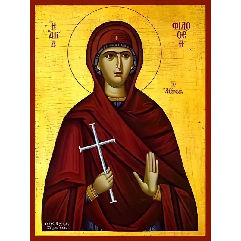 Εικόνα Ορθοδοξίας με περίγραμμα χρυσό σε ξύλο Φλαμουρίας  με  βάση Εικόνα ΑΓΙΑ ΦΙΛΟΘΕΗ, ΜΑΡΤΥΣ, Η ΑΘΗΝΑΙΑ Χειροποίητη Ελληνορθόδοξη εικόνα του Ιησού Χριστού, Κρεμαστή πλάκα βυζαντινής τέχνης, χριστιανική τέχνη Διάσταση 40x30 cm (10,2x7,9 ίντσες)  INTRAEK-1447757865217