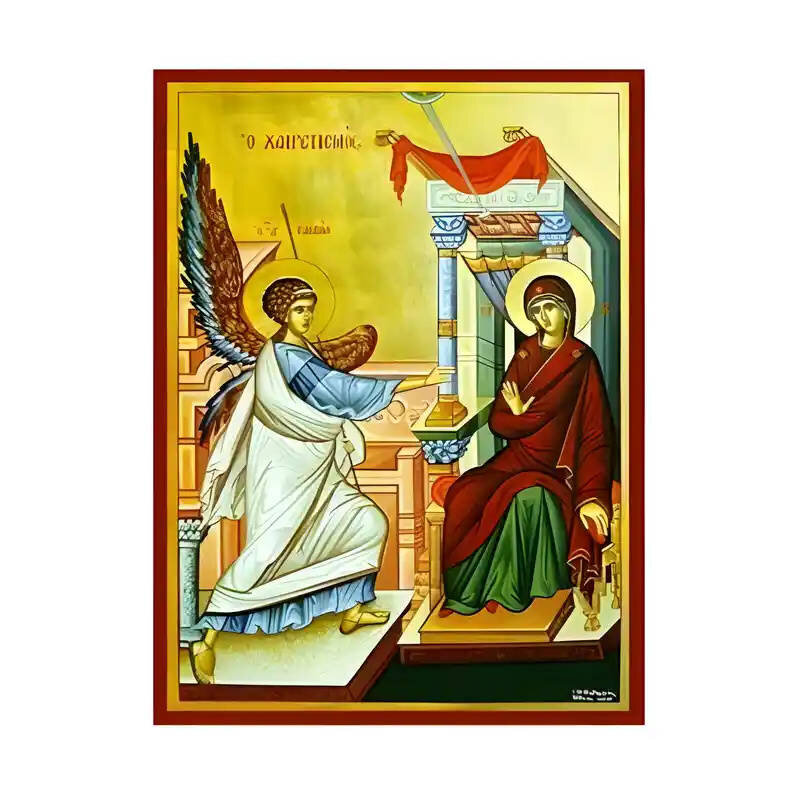 Εικόνα Ορθοδοξίας με περίγραμμα χρυσό σε ξύλο Φλαμουρίας  με  βάση Εικόνα Ευαγγελισμός της Θεοτόκου, Χαιρετισμός Χειροποίητη Ελληνορθόδοξη , Κρεμαστή πλάκα βυζαντινής τέχνης, χριστιανική τέχνη Διάσταση 10x7 cm (3,9 x 2,8 ίντσες) INTRAEK-670984