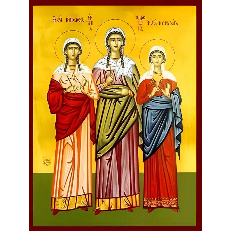 Εικόνα Ορθοδοξίας με περίγραμμα χρυσό σε ξύλο Φλαμουρίας  με  βάση Εικόνα ΑΓΙΕΣ ΜΗΝΟΔΩΡΑ, ΜΗΤΡΟΔΩΡΑ, ΝΥΜΦΟΔΩΡΑ, ΝΙΚΟΜΗΔΕΙΑΣ, ΟΛΟΣΩΜΕΣ Χειροποίητη Ελληνορθόδοξη εικόνα του Ιησού Χριστού, Κρεμαστή πλάκα βυζαντινής τέχνης, χριστιανική τέχνη Διάσταση 40x30 cm (10,2x7,9 ίντσες)  INTRAEK-1447757865203