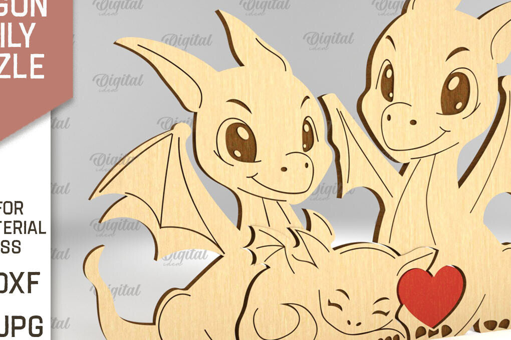 Intra απο ξύλο plywood 3mm-4mm πάχος - Dragon Family Puzzle Laser Cut  Δίασταση 30x20 cm INTRAFABR-91504426