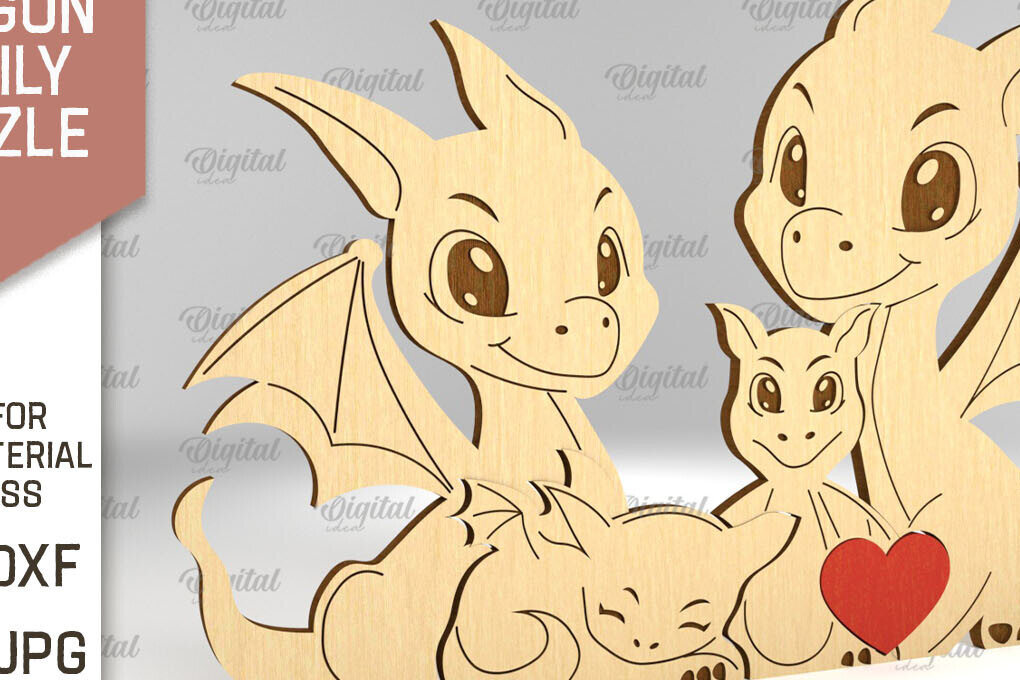 Intra απο ξύλο plywood 3mm-4mm πάχος - Dragon Family Puzzle Laser Cut  Δίασταση 30x20 cm INTRAFABR-91504883