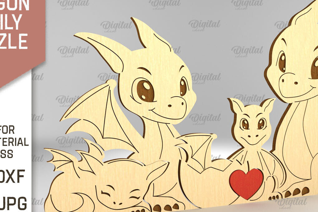 Intra απο ξύλο plywood 3mm-4mm πάχος - Dragon Family Puzzle Laser Cut  Δίασταση 30x20 cm INTRAFABR-91505236