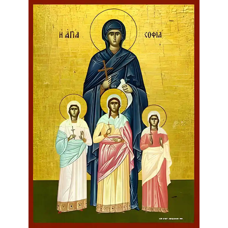 Εικόνα Ορθοδοξίας με περίγραμμα χρυσό σε ξύλο Φλαμουρίας  με  βάση Εικόνα ΑΓΙΕΣ ΣΟΦΙΑ ΚΑΙ ΘΥΓΑΤΕΡΕΣ, ΠΙΣΤΙΣ, ΕΛΠΙΣ ΚΑΙ ΑΓΑΠΗ, ΟΛΟΣΩΜΕΣ Χειροποίητη Ελληνορθόδοξη εικόνα του Ιησού Χριστού, Κρεμαστή πλάκα βυζαντινής τέχνης, χριστιανική τέχνη Διάσταση 40x30 cm (10,2x7,9 ίντσες)  INTRAEK-1447757865199