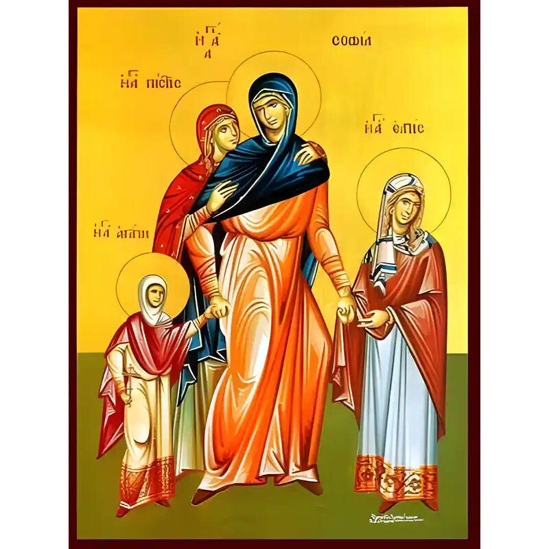 Εικόνα Ορθοδοξίας με περίγραμμα χρυσό σε ξύλο Φλαμουρίας  με  βάση Εικόνα ΑΓΙΕΣ ΣΟΦΙΑ ΚΑΙ ΘΥΓΑΤΕΡΕΣ, ΠΙΣΤΙΣ, ΕΛΠΙΣ ΚΑΙ ΑΓΑΠΗ, ΟΛΟΣΩΜΕΣ Χειροποίητη Ελληνορθόδοξη εικόνα του Ιησού Χριστού, Κρεμαστή πλάκα βυζαντινής τέχνης, χριστιανική τέχνη Διάσταση 40x30 cm (10,2x7,9 ίντσες)  INTRAEK-1447757865198