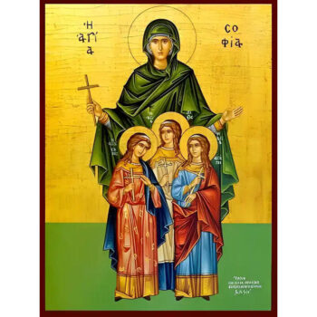 Εικόνα Ορθοδοξίας με περίγραμμα χρυσό σε ξύλο Φλαμουρίας με βάση Εικόνα ΑΓΙΕΣ ΣΟΦΙΑ ΚΑΙ ΘΥΓΑΤΕΡΕΣ, ΠΙΣΤΙΣ, ΕΛΠΙΣ ΚΑΙ ΑΓΑΠΗ, ΟΛΟΣΩΜΕΣ Χειροποίητη Ελληνορθόδοξη εικόνα του Ιησού Χριστού, Κρεμαστή πλάκα βυζαντινής τέχνης, χριστιανική τέχνη Διάσταση 40x30 cm (10,2x7,9 ίντσες) INTRAEK-1447757865197 - Image 1