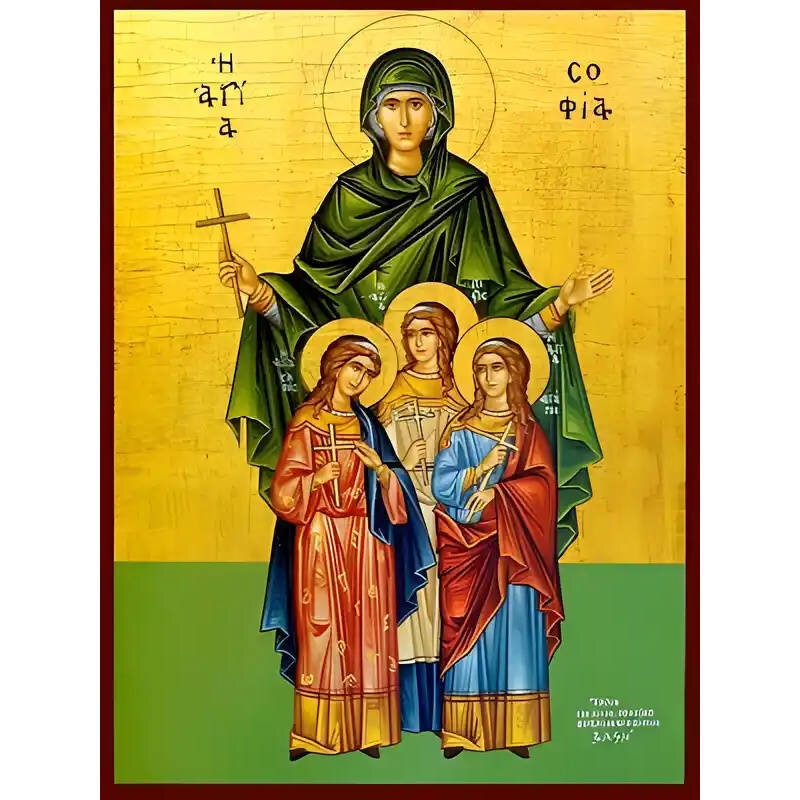 Εικόνα Ορθοδοξίας με περίγραμμα χρυσό σε ξύλο Φλαμουρίας  με  βάση Εικόνα ΑΓΙΕΣ ΣΟΦΙΑ ΚΑΙ ΘΥΓΑΤΕΡΕΣ, ΠΙΣΤΙΣ, ΕΛΠΙΣ ΚΑΙ ΑΓΑΠΗ, ΟΛΟΣΩΜΕΣ Χειροποίητη Ελληνορθόδοξη εικόνα του Ιησού Χριστού, Κρεμαστή πλάκα βυζαντινής τέχνης, χριστιανική τέχνη Διάσταση 40x30 cm (10,2x7,9 ίντσες)  INTRAEK-1447757865197