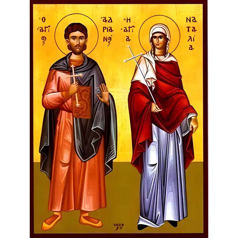 Εικόνα Ορθοδοξίας με περίγραμμα χρυσό σε ξύλο Φλαμουρίας  με  βάση Εικόνα ΑΓΙΟΙ ΑΔΡΙΑΝΟΣ ΚΑΙ ΝΑΤΑΛΙΑ, ΜΑΡΤΥΡΕΣ, ΟΛΟΣΩΜΟΙ Χειροποίητη Ελληνορθόδοξη εικόνα του Ιησού Χριστού, Κρεμαστή πλάκα βυζαντινής τέχνης, χριστιανική τέχνη Διάσταση 40x30 cm (10,2x7,9 ίντσες)  INTRAEK-1447757865195