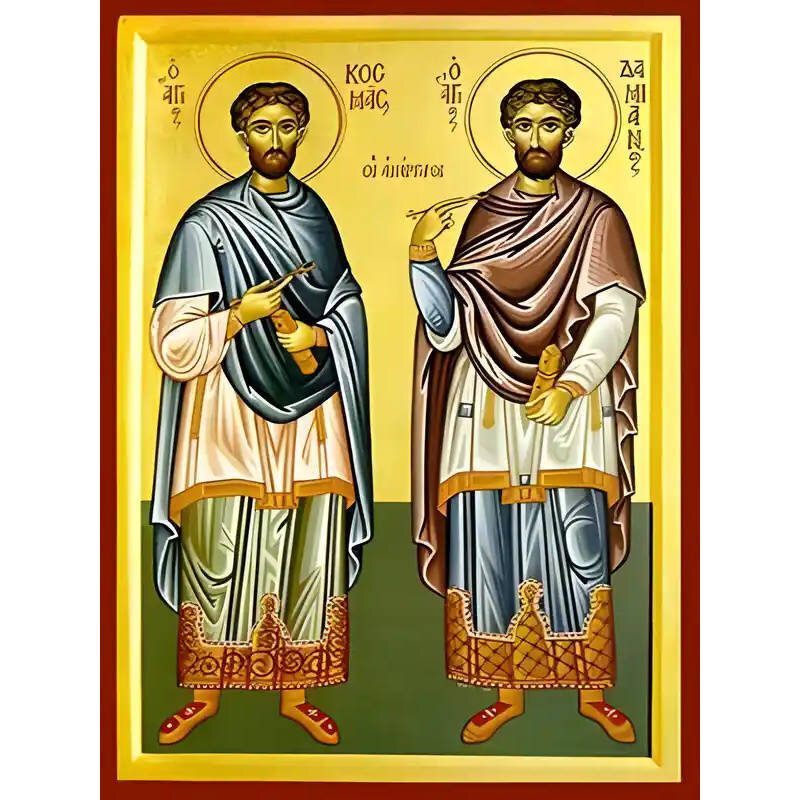 Εικόνα Ορθοδοξίας με περίγραμμα χρυσό σε ξύλο Φλαμουρίας  με  βάση Εικόνα ΑΓΙΟΙ ΑΝΑΡΓΥΡΟΙ, ΚΟΣΜΑΣ ΚΑΙ ΔΑΜΙΑΝΟΣ, ΟΛΟΣΩΜΟΙ Χειροποίητη Ελληνορθόδοξη εικόνα του Ιησού Χριστού, Κρεμαστή πλάκα βυζαντινής τέχνης, χριστιανική τέχνη Διάσταση 40x30 cm (10,2x7,9 ίντσες)  INTRAEK-1447757865193