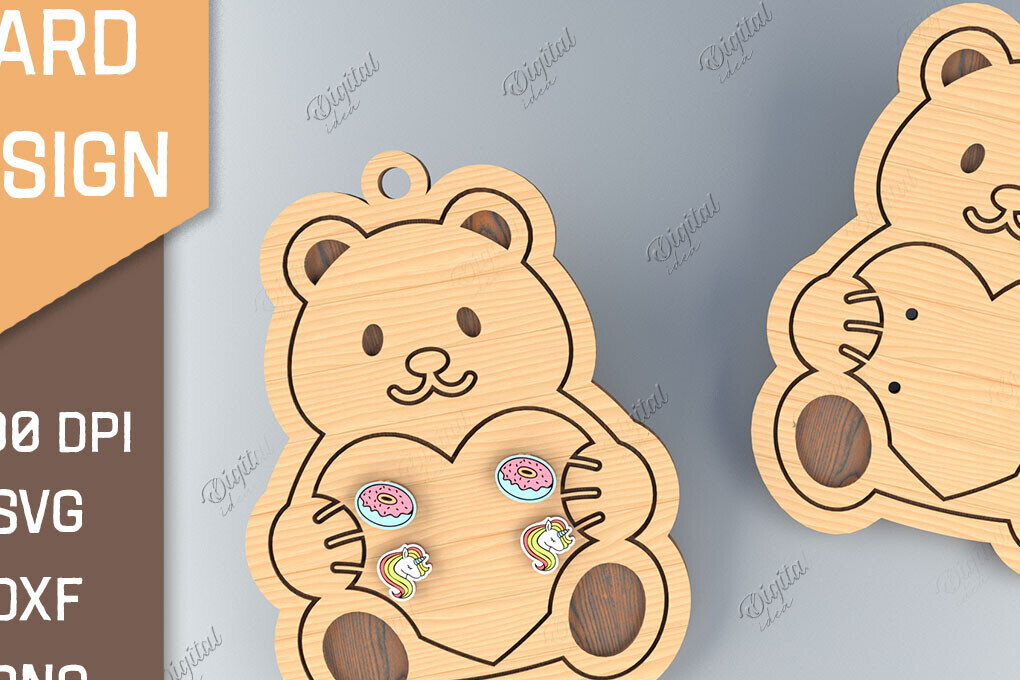 Intra απο ξύλο plywood 3mm-4mm πάχος - Κάρτα σκουλαρίκι Lasercut. 3D Teddy Bear  Δίασταση 3x3 cm INTRAFABR-85701359