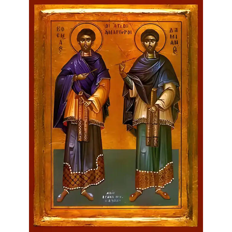 Εικόνα Ορθοδοξίας με περίγραμμα χρυσό σε ξύλο Φλαμουρίας  με  βάση Εικόνα ΑΓΙΟΙ ΑΝΑΡΓΥΡΟΙ, ΚΟΣΜΑΣ ΚΑΙ ΔΑΜΙΑΝΟΣ, ΟΛΟΣΩΜΟΙ Χειροποίητη Ελληνορθόδοξη εικόνα του Ιησού Χριστού, Κρεμαστή πλάκα βυζαντινής τέχνης, χριστιανική τέχνη Διάσταση 40x30 cm (10,2x7,9 ίντσες)  INTRAEK-1447757865192