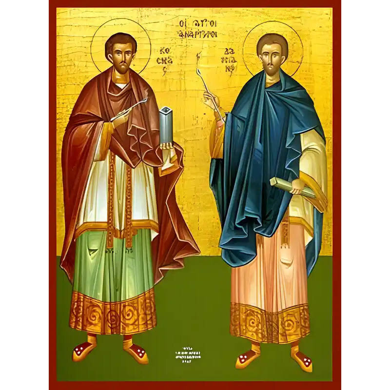 Εικόνα Ορθοδοξίας με περίγραμμα χρυσό σε ξύλο Φλαμουρίας  με  βάση Εικόνα ΑΓΙΟΙ ΑΝΑΡΓΥΡΟΙ, ΚΟΣΜΑΣ ΚΑΙ ΔΑΜΙΑΝΟΣ, ΟΛΟΣΩΜΟΙ Χειροποίητη Ελληνορθόδοξη εικόνα του Ιησού Χριστού, Κρεμαστή πλάκα βυζαντινής τέχνης, χριστιανική τέχνη Διάσταση 40x30 cm (10,2x7,9 ίντσες)  INTRAEK-1447757865191