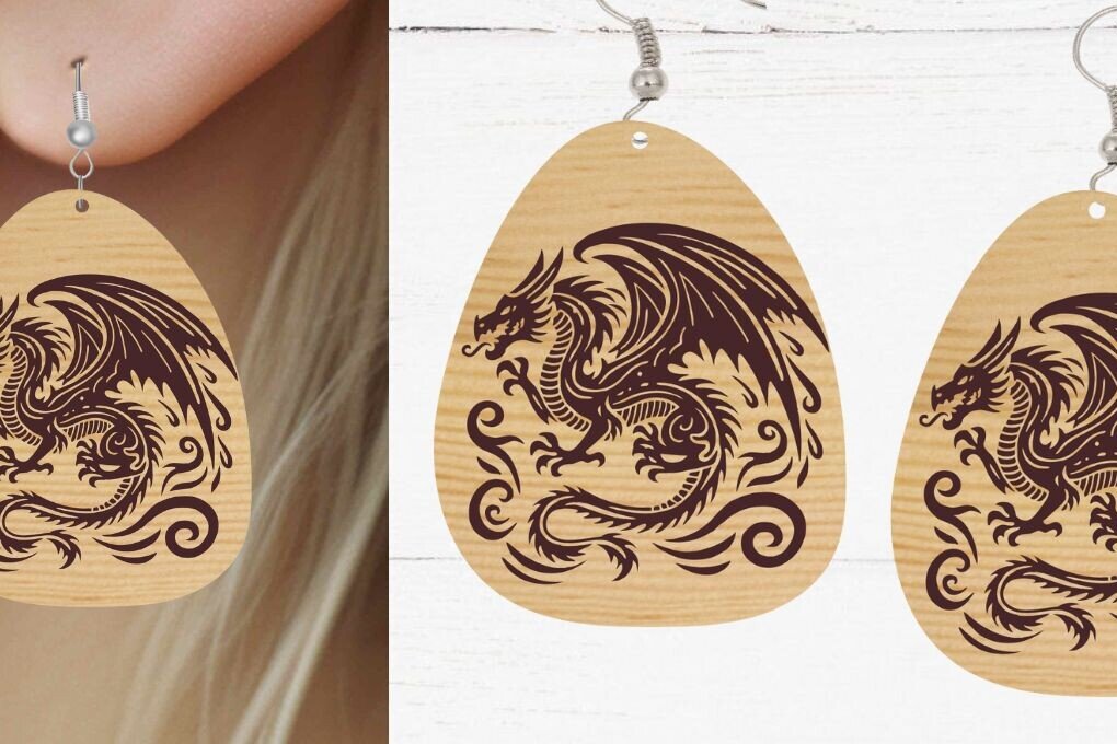 Intra απο ξύλο plywood 3mm-4mm πάχος - Σκουλαρίκι Laser Cut File, Dragon Earring G Δίασταση 3x3 cm INTRAFABR-122135401