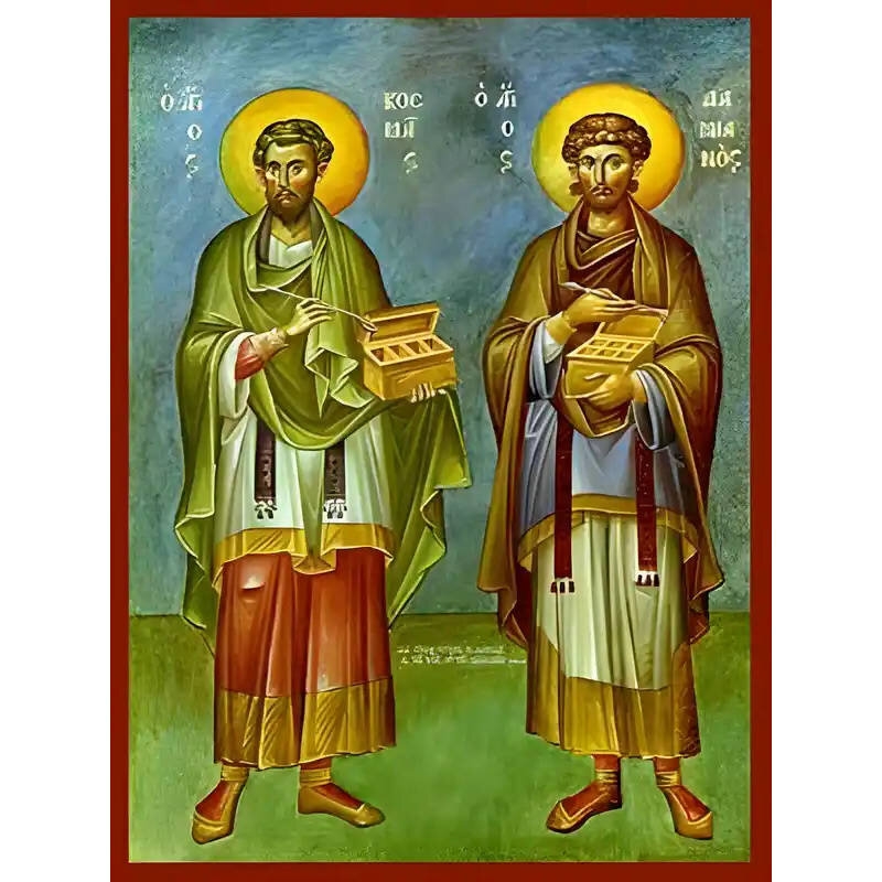 Εικόνα Ορθοδοξίας με περίγραμμα χρυσό σε ξύλο Φλαμουρίας  με  βάση Εικόνα ΑΓΙΟΙ ΑΝΑΡΓΥΡΟΙ, ΚΟΣΜΑΣ ΚΑΙ ΔΑΜΙΑΝΟΣ, ΟΛΟΣΩΜΟΙ Χειροποίητη Ελληνορθόδοξη εικόνα του Ιησού Χριστού, Κρεμαστή πλάκα βυζαντινής τέχνης, χριστιανική τέχνη Διάσταση 40x30 cm (10,2x7,9 ίντσες)  INTRAEK-1447757865190