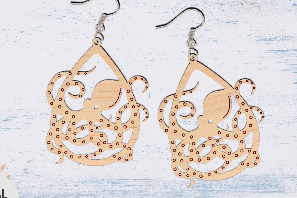 Intra απο ξύλο plywood 3mm-4mm πάχος - Σκουλαρίκι κομμένο  με λέιζερ, σκουλαρίκι χταπόδι Δίασταση 3x3 cm INTRAFABR-70546056