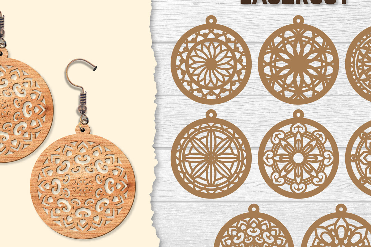 Intra απο ξύλο plywood 3mm-4mm πάχος - Σκουλαρίκια Mandala Lasercut BNDLES Δίασταση 3x3 cm INTRAFABR-120627174