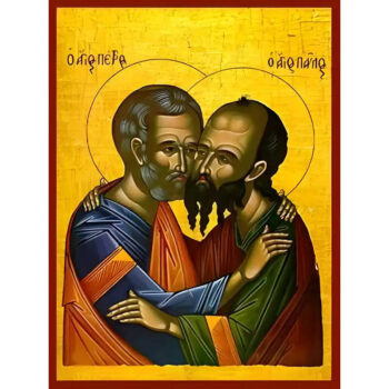 Εικόνα Ορθοδοξίας με περίγραμμα χρυσό σε ξύλο Φλαμουρίας με βάση Εικόνα ΑΓΙΟΙ ΑΠΟΣΤΟΛΟΙ ΠΕΤΡΟΣ ΚΑΙ ΠΑΥΛΟΣ, Ο ΑΣΠΑΣΜΟΣ Χειροποίητη Ελληνορθόδοξη εικόνα του Ιησού Χριστού, Κρεμαστή πλάκα βυζαντινής τέχνης, χριστιανική τέχνη Διάσταση 40x30 cm (10,2x7,9 ίντσες) INTRAEK-1447757865185 - Image 1