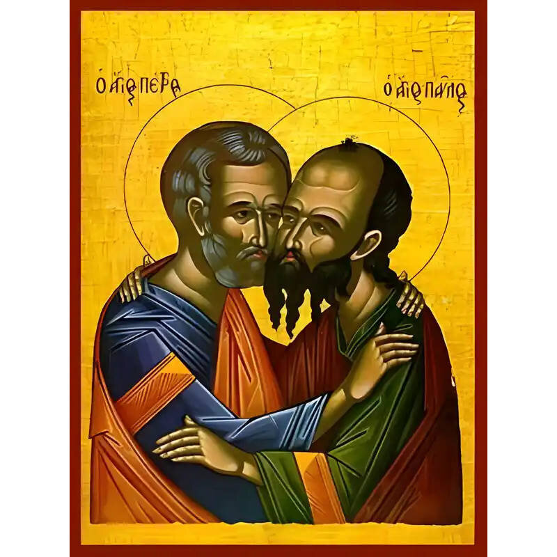 Εικόνα Ορθοδοξίας με περίγραμμα χρυσό σε ξύλο Φλαμουρίας  με  βάση Εικόνα ΑΓΙΟΙ ΑΠΟΣΤΟΛΟΙ ΠΕΤΡΟΣ ΚΑΙ ΠΑΥΛΟΣ, Ο ΑΣΠΑΣΜΟΣ Χειροποίητη Ελληνορθόδοξη εικόνα του Ιησού Χριστού, Κρεμαστή πλάκα βυζαντινής τέχνης, χριστιανική τέχνη Διάσταση 40x30 cm (10,2x7,9 ίντσες)  INTRAEK-1447757865185