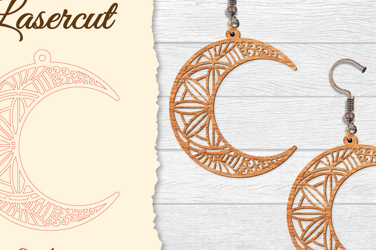 Intra απο ξύλο plywood 3mm-4mm πάχος - Σκουλαρίκι Moon Mandala Lasercut Δίασταση 3x3 cm INTRAFABR-121492725