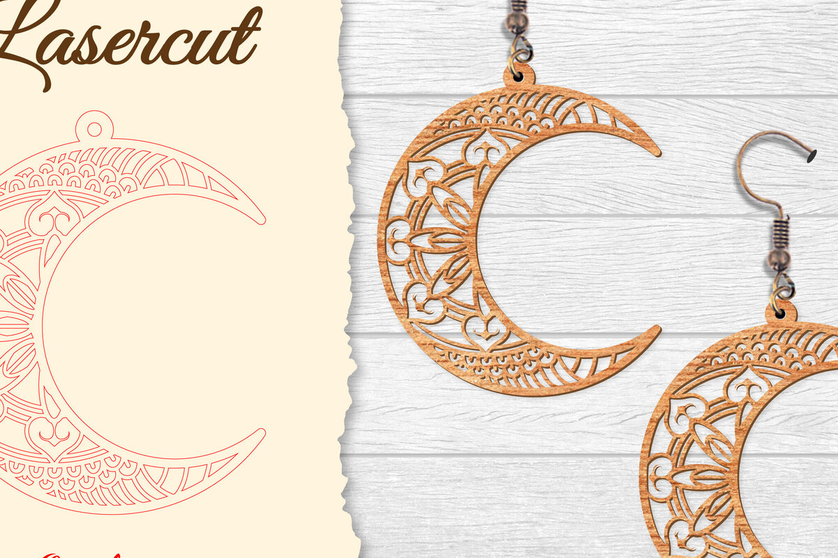 Intra απο ξύλο plywood 3mm-4mm πάχος - Σκουλαρίκι Moon Mandala Lasercut Δίασταση 3x3 cm INTRAFABR-121492729