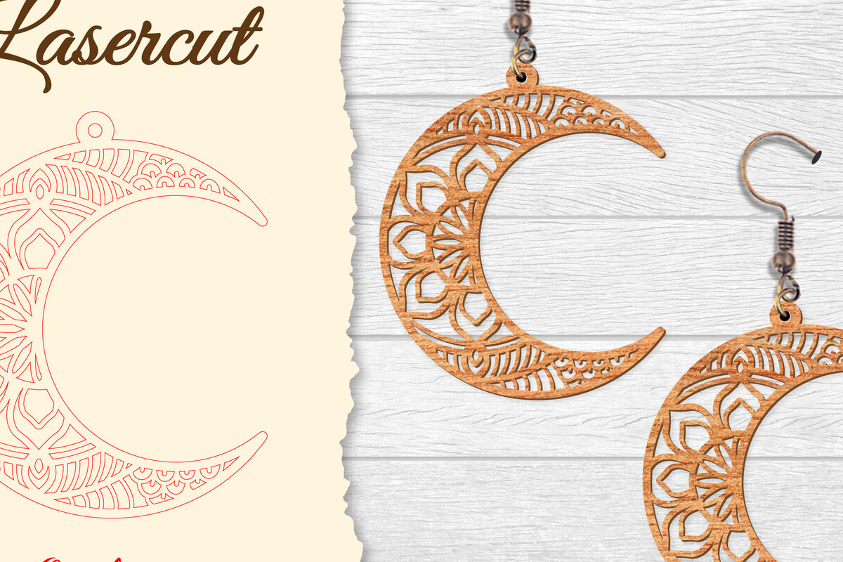 Intra απο ξύλο plywood 3mm-4mm πάχος - Σκουλαρίκι Moon Mandala Lasercut Δίασταση 3x3 cm INTRAFABR-121492732