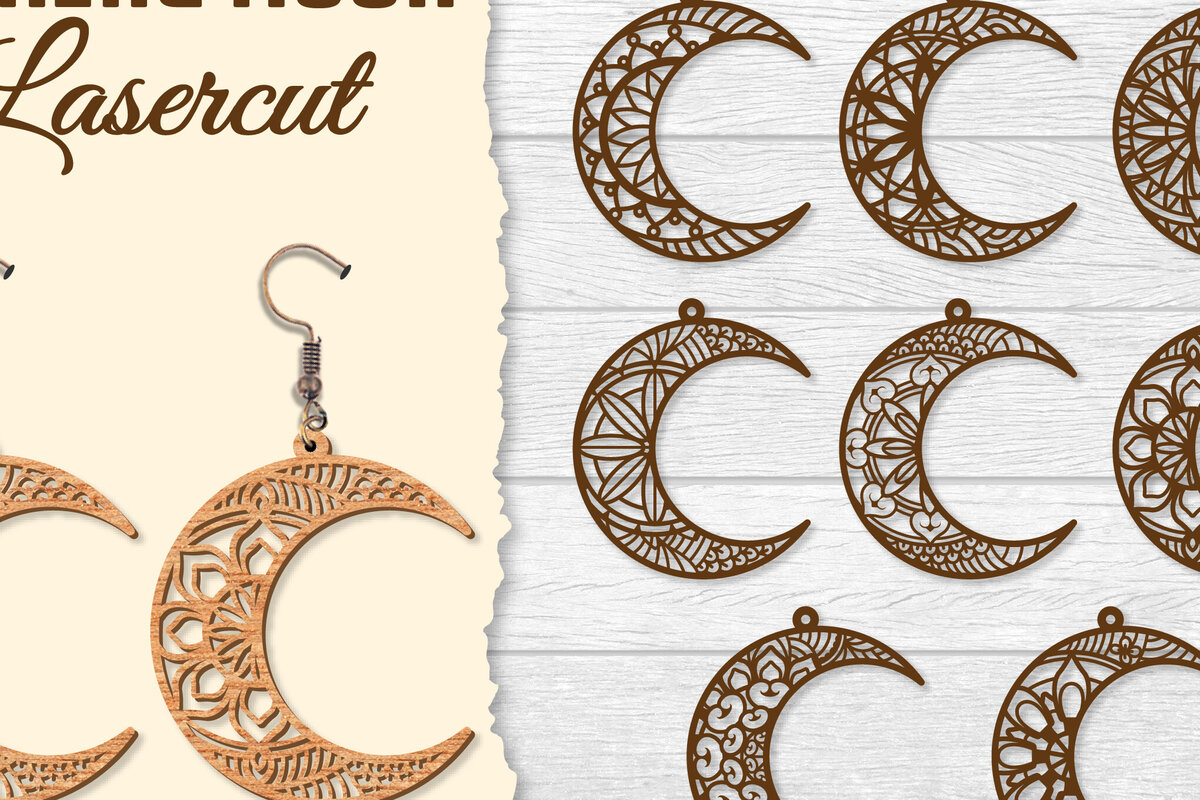 Intra απο ξύλο plywood 3mm-4mm πάχος - Σκουλαρίκια Moon Mandala Lasercut BNDLES Δίασταση 3x3 cm INTRAFABR-121492748