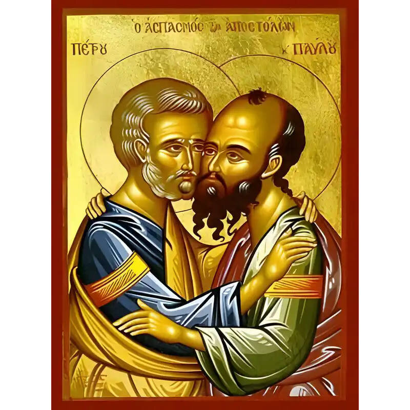 Εικόνα Ορθοδοξίας με περίγραμμα χρυσό σε ξύλο Φλαμουρίας  με  βάση Εικόνα ΑΓΙΟΙ ΑΠΟΣΤΟΛΟΙ ΠΕΤΡΟΣ ΚΑΙ ΠΑΥΛΟΣ, Ο ΑΣΠΑΣΜΟΣ Χειροποίητη Ελληνορθόδοξη εικόνα του Ιησού Χριστού, Κρεμαστή πλάκα βυζαντινής τέχνης, χριστιανική τέχνη Διάσταση 40x30 cm (10,2x7,9 ίντσες)  INTRAEK-1447757865184