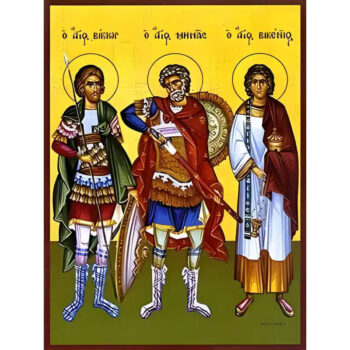 Εικόνα Ορθοδοξίας με περίγραμμα χρυσό σε ξύλο Φλαμουρίας  με  βάση Εικόνα ΑΓΙΟΙ ΒΙΚΤΩΡ ΔΑΜΑΣΚΟΥ, ΜΗΝΑΣ ΑΙΓΥΠΤΟΥ ΚΑΙ ΒΙΚΕΝΤΙΟΣ ΙΣΠΑΝΙΑΣ, ΟΛΟΣΩΜΟΙ Χειροποίητη Ελληνορθόδοξη εικόνα του Ιησού Χριστού, Κρεμαστή πλάκα βυζαντινής τέχνης, χριστιανική τέχνη Διάσταση 40x30 cm (10,2x7,9 ίντσες)  INTRAEK-1447757865180 - Image 1