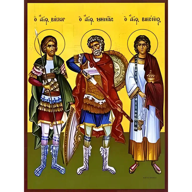 Εικόνα Ορθοδοξίας με περίγραμμα χρυσό σε ξύλο Φλαμουρίας  με  βάση Εικόνα ΑΓΙΟΙ ΒΙΚΤΩΡ ΔΑΜΑΣΚΟΥ, ΜΗΝΑΣ ΑΙΓΥΠΤΟΥ ΚΑΙ ΒΙΚΕΝΤΙΟΣ ΙΣΠΑΝΙΑΣ, ΟΛΟΣΩΜΟΙ Χειροποίητη Ελληνορθόδοξη εικόνα του Ιησού Χριστού, Κρεμαστή πλάκα βυζαντινής τέχνης, χριστιανική τέχνη Διάσταση 40x30 cm (10,2x7,9 ίντσες)  INTRAEK-1447757865180