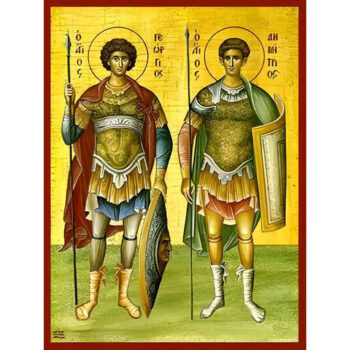 Εικόνα Ορθοδοξίας με περίγραμμα χρυσό σε ξύλο Φλαμουρίας  με  βάση Εικόνα ΑΓΙΟΙ ΓΕΩΡΓΙΟΣ ΚΑΙ ΔΗΜΗΤΡΙΟΣ, ΟΛΟΣΩΜΟΙ Χειροποίητη Ελληνορθόδοξη εικόνα του Ιησού Χριστού, Κρεμαστή πλάκα βυζαντινής τέχνης, χριστιανική τέχνη Διάσταση 40x30 cm (10,2x7,9 ίντσες)  INTRAEK-1447757865178 - Image 1
