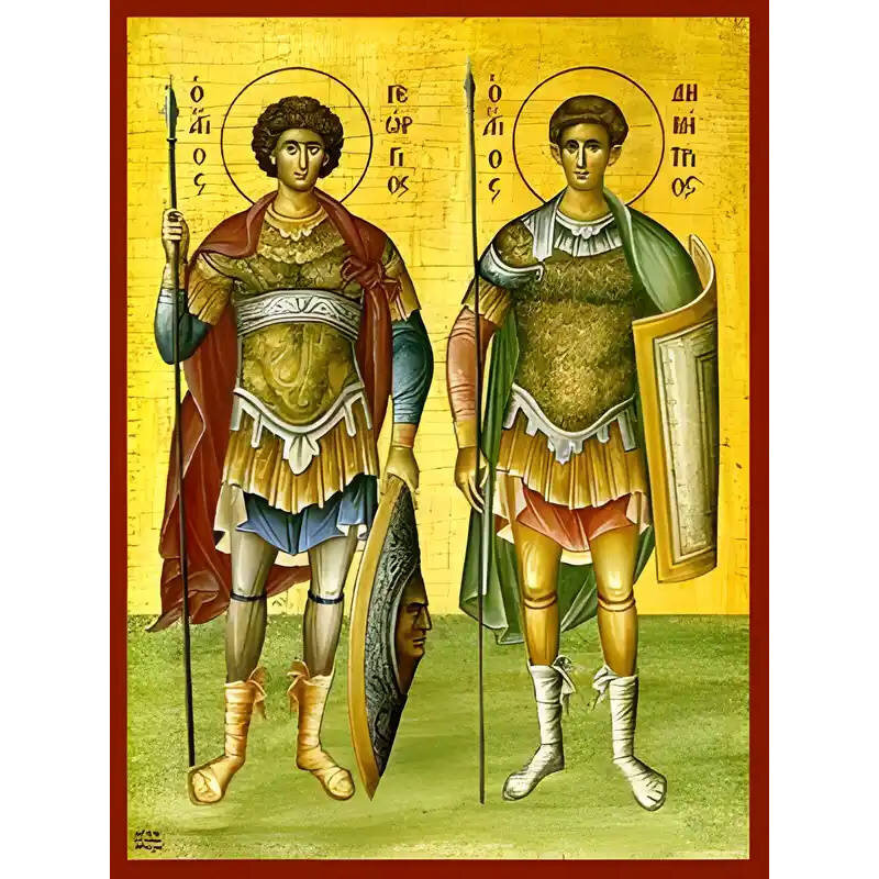 Εικόνα Ορθοδοξίας με περίγραμμα χρυσό σε ξύλο Φλαμουρίας  με  βάση Εικόνα ΑΓΙΟΙ ΓΕΩΡΓΙΟΣ ΚΑΙ ΔΗΜΗΤΡΙΟΣ, ΟΛΟΣΩΜΟΙ Χειροποίητη Ελληνορθόδοξη εικόνα του Ιησού Χριστού, Κρεμαστή πλάκα βυζαντινής τέχνης, χριστιανική τέχνη Διάσταση 40x30 cm (10,2x7,9 ίντσες)  INTRAEK-1447757865178