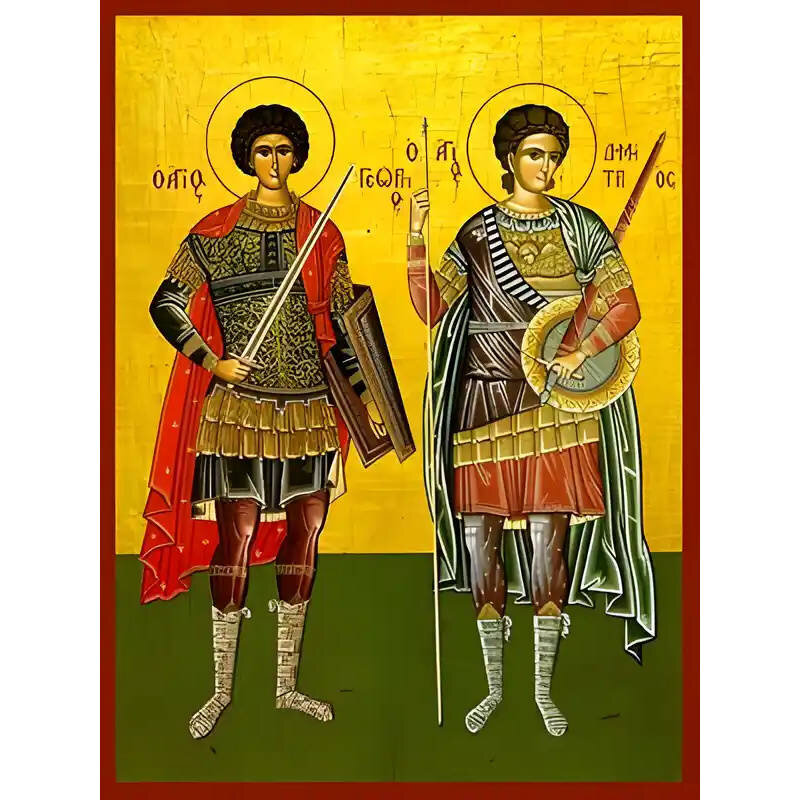 Εικόνα Ορθοδοξίας με περίγραμμα χρυσό σε ξύλο Φλαμουρίας  με  βάση Εικόνα ΑΓΙΟΙ ΓΕΩΡΓΙΟΣ ΚΑΙ ΔΗΜΗΤΡΙΟΣ, ΟΛΟΣΩΜΟΙ Χειροποίητη Ελληνορθόδοξη εικόνα του Ιησού Χριστού, Κρεμαστή πλάκα βυζαντινής τέχνης, χριστιανική τέχνη Διάσταση 40x30 cm (10,2x7,9 ίντσες)  INTRAEK-1447757865177