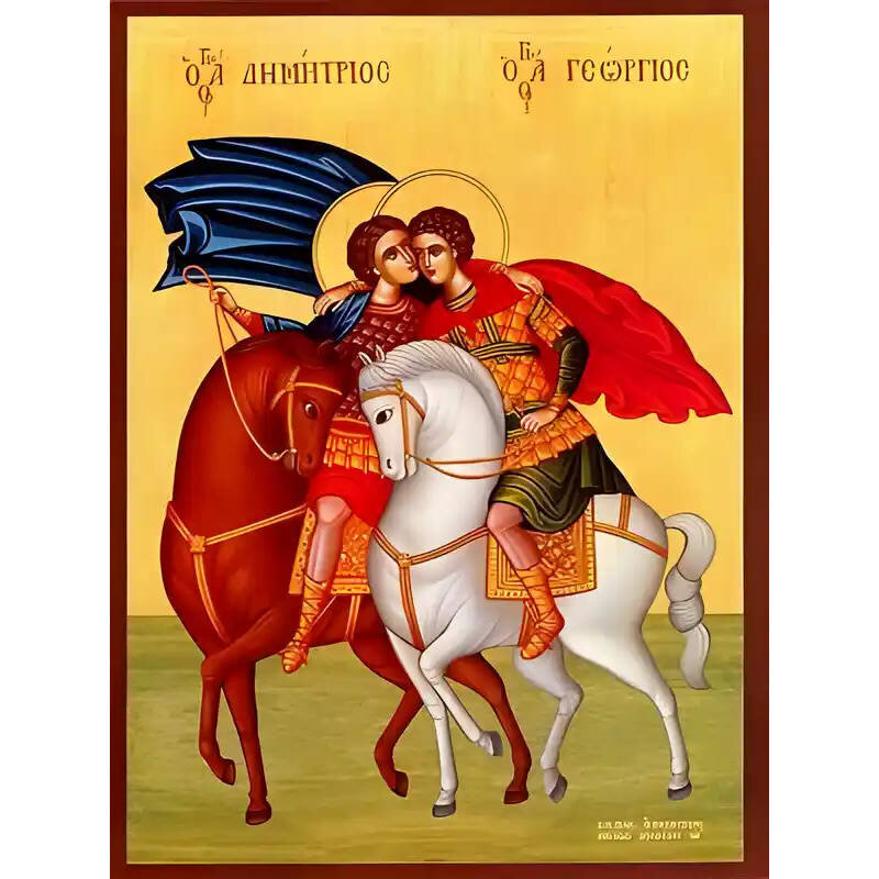 Εικόνα Ορθοδοξίας με περίγραμμα χρυσό σε ξύλο Φλαμουρίας  με  βάση Εικόνα ΑΓΙΟΙ ΓΕΩΡΓΙΟΣ Ο ΤΡΟΠΑΙΟΦΟΡΟΣ ΚΑΙ ΔΗΜΗΤΡΙΟΣ Ο ΜΥΡΟΒΛΥΤΗΣ, ΕΦΙΠΠΟΙ Χειροποίητη Ελληνορθόδοξη εικόνα του Ιησού Χριστού, Κρεμαστή πλάκα βυζαντινής τέχνης, χριστιανική τέχνη Διάσταση 40x30 cm (10,2x7,9 ίντσες)  INTRAEK-1447757865176