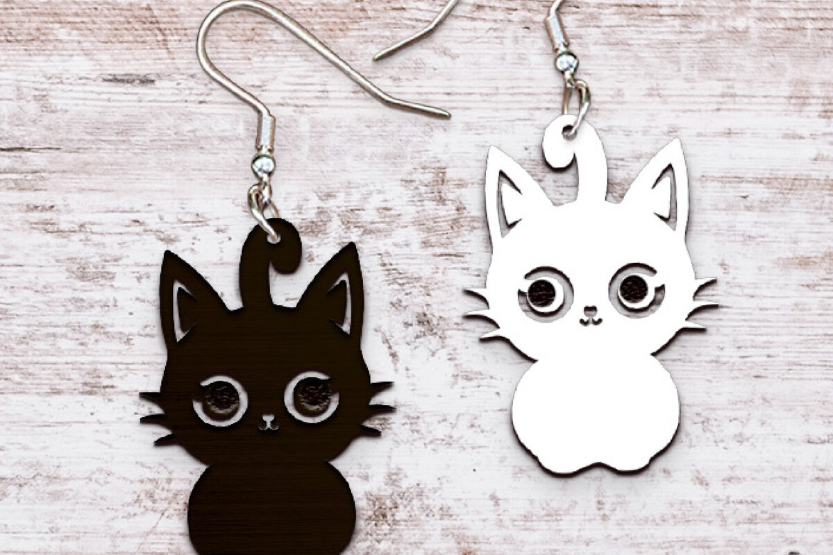 Intra απο ξύλο plywood 3mm-4mm πάχος - Σκουλαρίκια Laser cut. Λέιζερ σιλουέτας γάτας Δίασταση 3x3 cm INTRAFABR-119855435