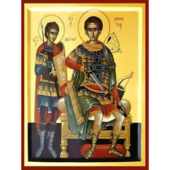 Εικόνα Ορθοδοξίας με περίγραμμα χρυσό σε ξύλο Φλαμουρίας  με  βάση Εικόνα ΑΓΙΟΙ ΔΗΜΗΤΡΙΟΣ Ο ΜΥΡΟΒΛΥΤΗΣ ΕΝΘΡΟΝΟΣ ΚΑΙ ΝΕΣΤΩΡ Χειροποίητη Ελληνορθόδοξη εικόνα του Ιησού Χριστού, Κρεμαστή πλάκα βυζαντινής τέχνης, χριστιανική τέχνη Διάσταση 40x30 cm (10,2x7,9 ίντσες)  INTRAEK-1447757865174 - Image 1