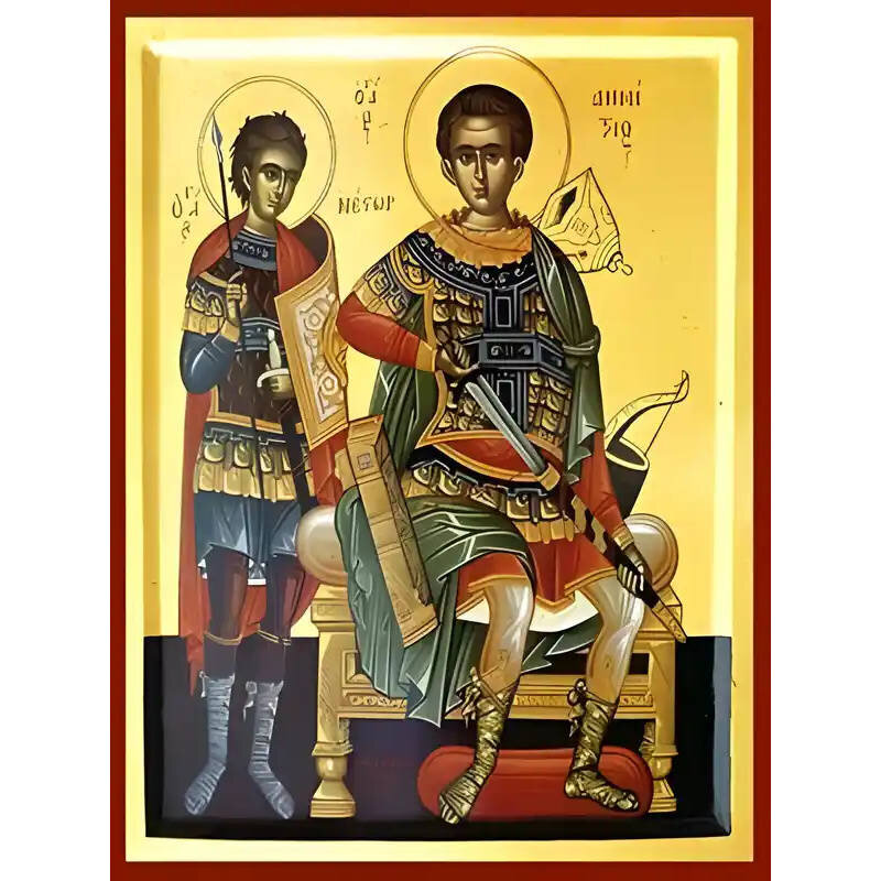 Εικόνα Ορθοδοξίας με περίγραμμα χρυσό σε ξύλο Φλαμουρίας  με  βάση Εικόνα ΑΓΙΟΙ ΔΗΜΗΤΡΙΟΣ Ο ΜΥΡΟΒΛΥΤΗΣ ΕΝΘΡΟΝΟΣ ΚΑΙ ΝΕΣΤΩΡ Χειροποίητη Ελληνορθόδοξη εικόνα του Ιησού Χριστού, Κρεμαστή πλάκα βυζαντινής τέχνης, χριστιανική τέχνη Διάσταση 40x30 cm (10,2x7,9 ίντσες)  INTRAEK-1447757865174